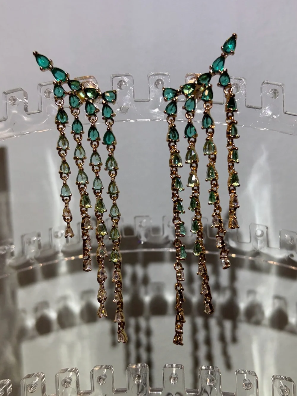 NWOT Green & Blue Crystal Teardrop Cascade Chandelier Pierced Earrings